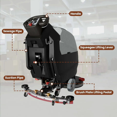 Back view of a 20 Inch Walk Behind Floor Scrubber with brush, lithium battery, 5 hour run time, and 13 gallon capacity in a warehouse setting.