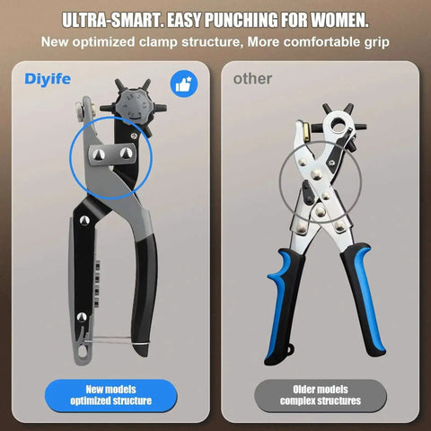 Comparison of Multi Function Hole Punch Plier Set With Storage Case Grab And Go Revolving Replaceable Punch Heads Kit with older model