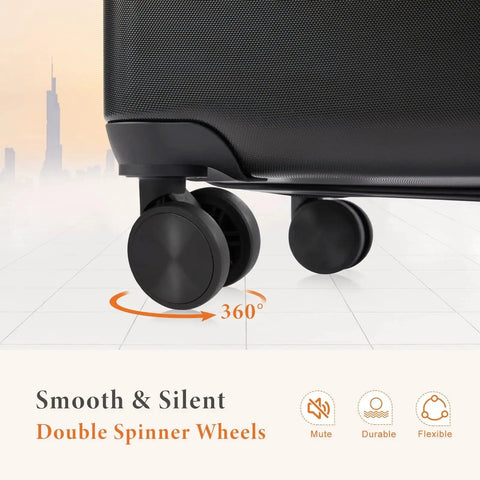 Close-up of dual spinner wheels on No Fuss Travel Carry On Luggage With Dual Spinner Wheels And Hard Shell ABS Lightweight Expandable 20 Inch Rolling Suitcase With TSA Lock In Bronze Black For Smooth Airport Mobility Sweetcrispy