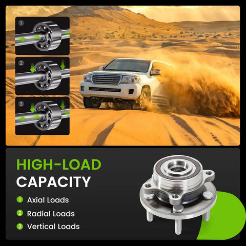 Front And Rear Wheel Hub And Bearing Assembly Two Piece Kit With 5 Lug ABS Sensor Direct Replacement For 2011 To 2019 Explorer And 2013 To 2018 Police Interceptor Utility showing load capacity chart and SUV desert driving.