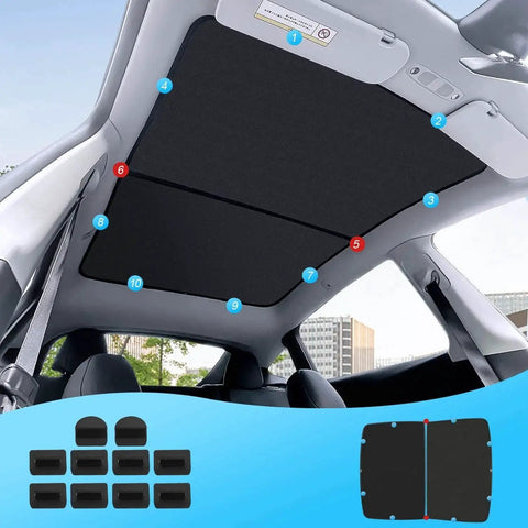 Model Y Roof Sunshade 3.0 Ice Black installed in 2020-2024 Tesla Model Y interior, covering panoramic roof.