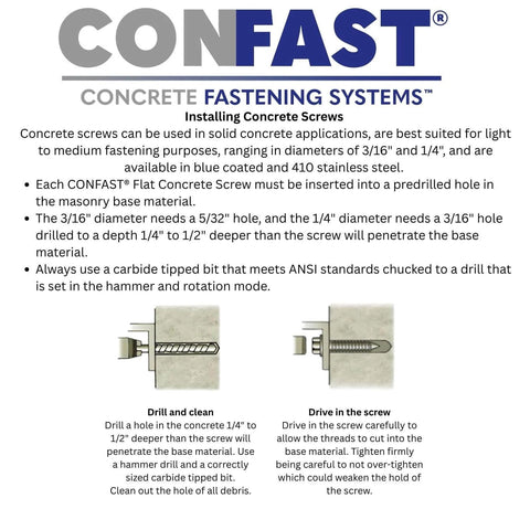 Instructions on using 3/16 Inch By 2-1/4 Inch Concrete Screws Set With 410 Stainless Steel Self-Tapping Hex Head And Diamond Point in masonry.