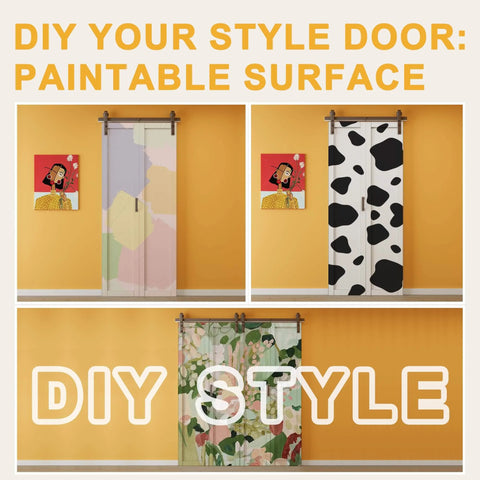 Paintable bifold barn doors in various designs, for DIY customization, displayed in a room with orange walls and paintings.