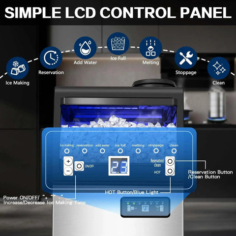 Commercial Ice Maker Machine Delivers 110 Lbs Per Day With Undercounter Or Freestanding Design 22 Lbs Storage Bin LCD Panel