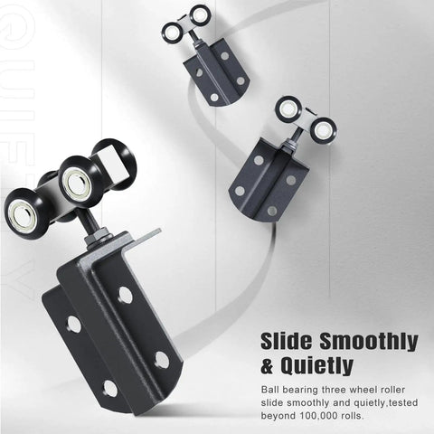 Close-up view of Exterior Sliding Barn Door Hardware Kit With Box Rail Track 8 Foot Length 450 Pound Capacity Black Wheels.