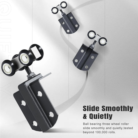 Close-up of black wheel rollers in 8 Foot Exterior Sliding Barn Door Hardware Kit With Box Rail Track, 450Lb Capacity, Steel