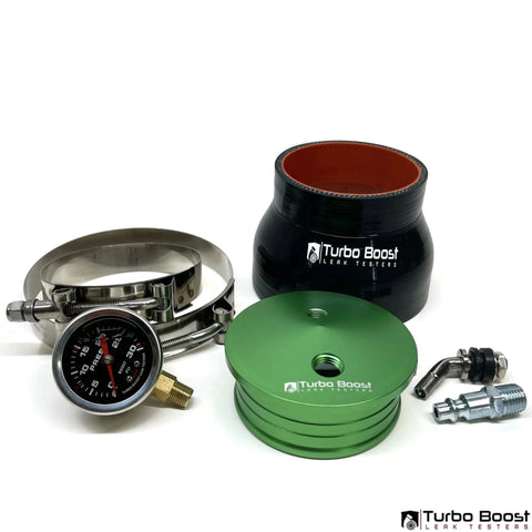 4 Inch Turbo Boost Leak Tester And Leak Detector With 6061 Billet Aluminum Body 30 PSI Rating Checks Intake Charge Pipe Pressure Leaks Includes Tire And One Quarter Inch Air Fittings Perfect For Turbocharged Rigs, visible parts include gauge, hoses, clamps.