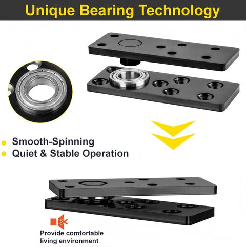 Heavy Duty Hidden Door Hinges With 600 Lbs Load Rating, Thickened Solid Steel Construction, Waterproof Finish, 360 Degree Rotation Pivot For Murphy Door Kit, Secret Door And Bookshelf Door Black, unique bearing technology, showing hinge details.