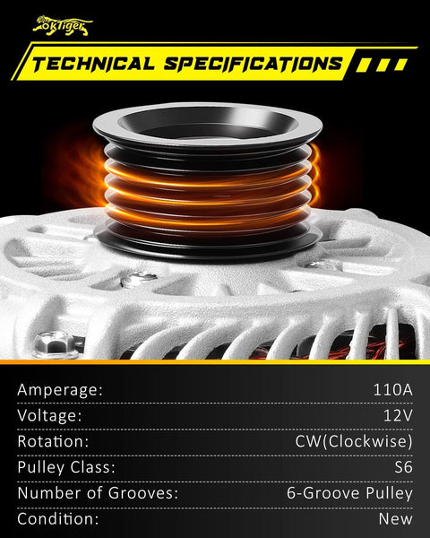 Close-up of Replacement 110A 12V Alternator For Mazda 5 2008 2009 2010 with 6-Groove Pulley showing technical specifications