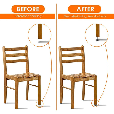 Before and after image illustrating Quarter Inch 20 UNC Thread Adjustable Furniture Leveling Feet 15 Pack Screw In Levelers on chair.