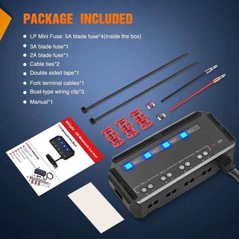 12V Motorcycle Fuse Box With 20A Low Profile Terminal Block And LED Indicator, package contents including wires and fuses