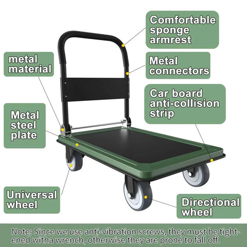 Heavy Duty Folding Platform Cart With 1100 Pound Capacity And 360 Degree Swivel Front Wheels, metal connectors, green color