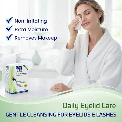 Woman using Hypoallergenic Preservative Free Eyelid Wipes For Sensitive Eyes Twin Pack, holding wipe to eye in bathroom setting.