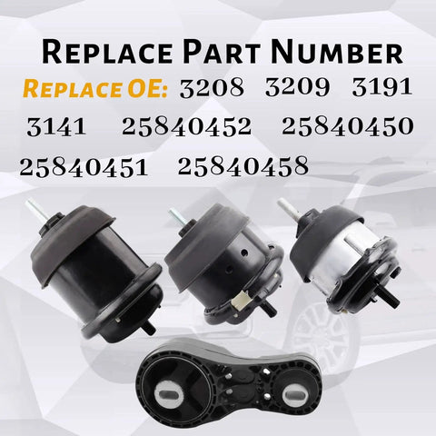 Four Piece Direct Fit Engine And Transmission Mount Kit For 3.6L V6 SUVs Including 2009 To 2017 Chevrolet Traverse, 2009 To 2016 GMC Acadia, Buick Enclave, And Saturn Outlook Replacement Replaces A5458 A5549 A5548 A5444, showing individual mounts and parts with OE numbers in background.