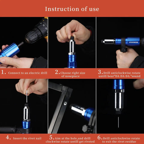 Instruction steps for Cordless Drill Rivet Gun Adapter Kit Converts Your Drill Into a Rivet Gun With 4 Rivet Heads and 80 Rivets