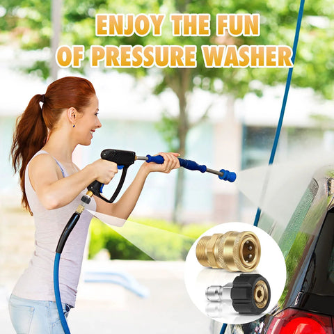 16-pack pressure washer adapter kit with brass fittings; M22 swivel to 1/2 inch and 3/8 inch quick-release connectors.