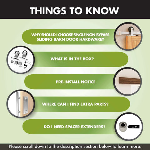 Infographic explaining brushed nickel sliding barn door hardware kit details and installation.