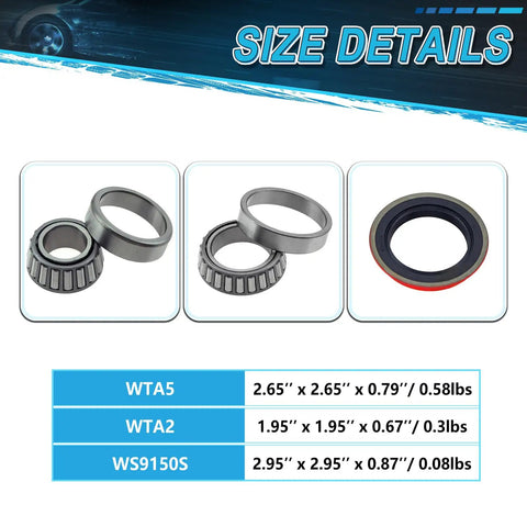 Six Piece Front Wheel Hub Bearing And Seal Replacement Kit For Ford Explorer 1995-2003, Mercury Mountaineer 1997-2001, Mazda B2300 RWD 2001-2009 With WTA5 WTA2 And WS9150S Bearings And Seals size details
