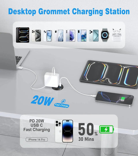 2 Inch Desk Power Grommet Outlet With 20W USB C Fast Charging installed on a desk showcasing charging capabilities and reduced clutter.