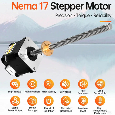 Three Pack Nema 17 Stepper Motors With TR8x8 Lead Screw 300mm For 3D Printers DIY CNC Robots, high torque and precision features displayed.