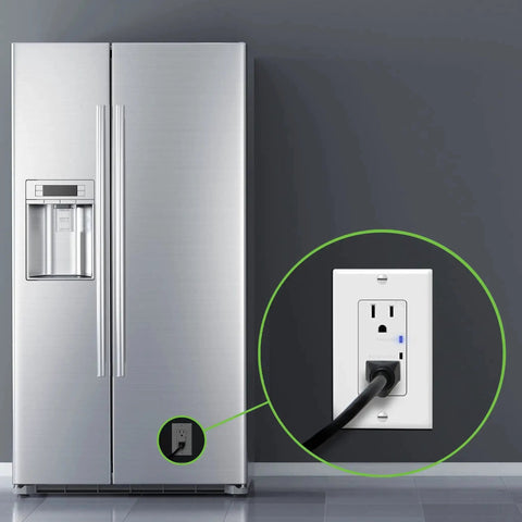 Surge Protector Receptacle With Grounding Indicator And Tamper Resistant Safety, 900 Joule Rating installed near refrigerator