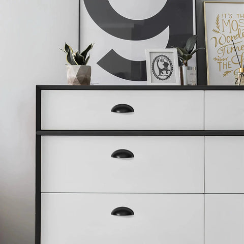 Chest of drawers with Matte Black Cup Pulls Set of 10 for Cabinets and Drawers Three and Eleven Sixteenths Inch Length Kitchen Hardware.