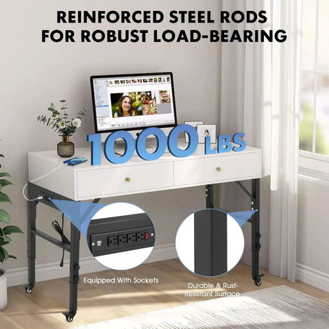 19.6-in depth workbench frame with four locking caster wheels; height adjustable 28.5–33.8 in; power outlets on side