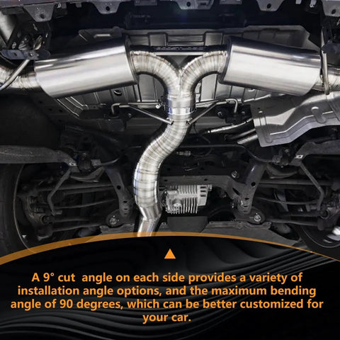 Installed 304 Stainless Steel Pie Cuts 3 Inch Polished Deburred Exhaust Cutouts 5 Pcs forming a 90-degree bend in exhaust system