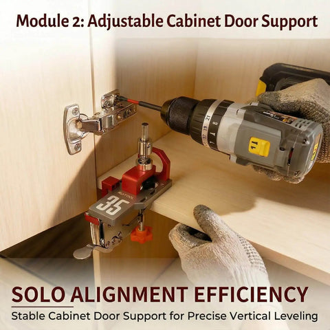 35mm Concealed Hinge Jig System for Cabinets, Cabinet Door Mounting Jig and Door Installation Kit with Secure Clamp shown in use