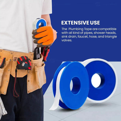 PTFE Plumbing Tape Half Inch By 1080 Inches Heavy Duty Pipe Thread Sealant shown with two rolls and a plumber holding a tape roll.