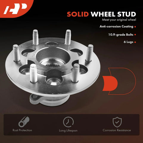 Front Wheel Bearing And Hub Assembly Pair For Six Lug 2009 To 2012 Chevrolet Colorado And GMC Canyon 4WD Only High Load Capacity Roller Bearing System OEM Grade Front Hub Modules For Smooth Spin And Long Lasting Durability in a display showing six lugs and anti-corrosion coating