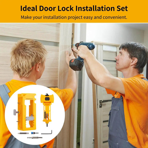 Two people using All-In-One Door Hinge And Mortise Jig Kit For Easy Lock Installation With Router Bits, Self-Centering Bits, and Tools.