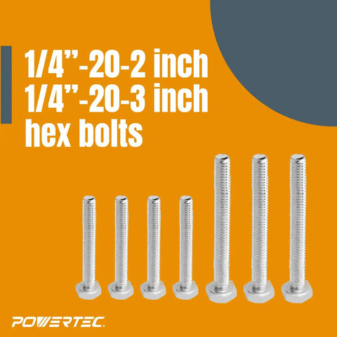 Woodworking T Track Knob Kit 36 Piece Set With 1/4-20 Threads hex bolts in 2 inch and 3 inch sizes against orange background
