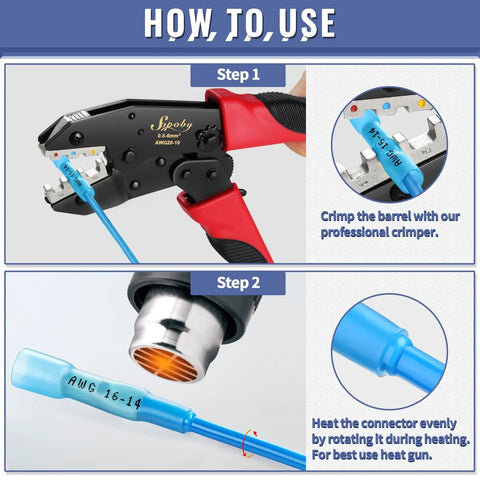 Heat shrink butt wire connectors, blue 22-16 AWG sleeve, waterproof automotive/marine, shown with red-handled crimper