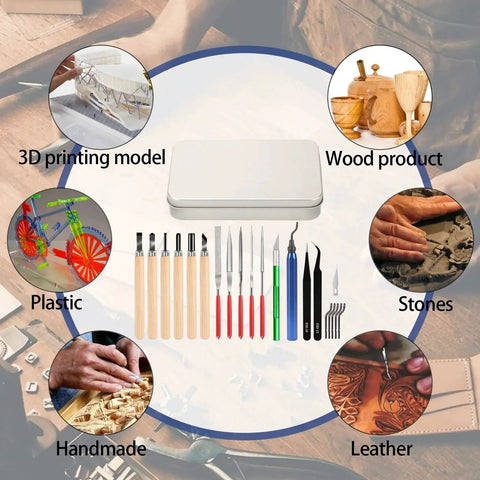 Go To 25 Piece Precision Deburring Kit With Craft Knife Hand File Carving Knife And More for various materials displayed with tools