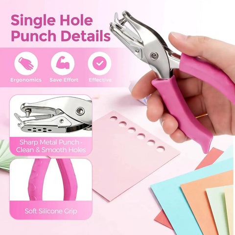 Hand holding 2 Pack Mini Circle Hole Punches One Quarter Inch And One Eighth Inch With Pink Soft Grip Handles for crafts