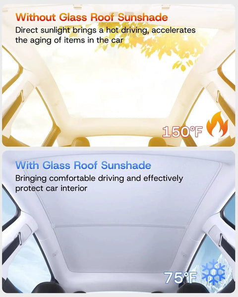 Comparison of Tesla Model Y with and without Magnetic Sun Shade Roof For Tesla Model Y 2020 To 2024 With Ice Crystal Coating installed.