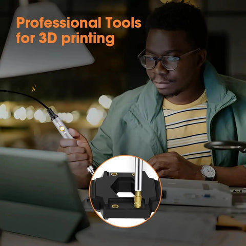 Man using Heat Set Insert Tips For Threaded M2 To M8 Inserts, Soldering Iron Tips For Plastic 3D Printed Parts, Quick No Fuss Install With Common Hobby Irons, Includes M2 M2.5 M3 M4 M5 M6 M8 Sizes, setup with soldering iron for 3D printing shown in inset.
