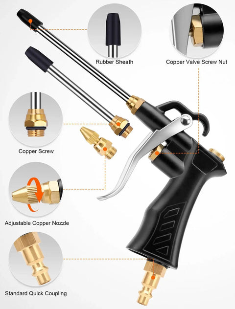 Must Have Heavy Duty Air Blow Gun With Brass Adjustable Nozzle, Pneumatic Blower Kit, steel extensions, and universal flow hose.