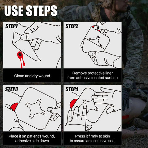 Instruction steps for Vented Chest Seal application, illustrating wound cleaning, liner removal, placement, and pressing for adhesion.
