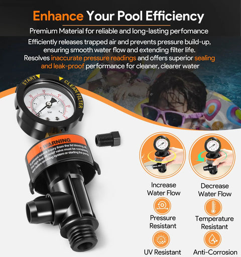 Black high-flow manual air relief valve with top-mount pressure gauge for pool filter