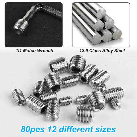 80 Piece Hex Set Screws Kit For Home DIY And Furniture Repair, Grub Screws M3 To M8 In Stainless Steel, visible screws and wrench