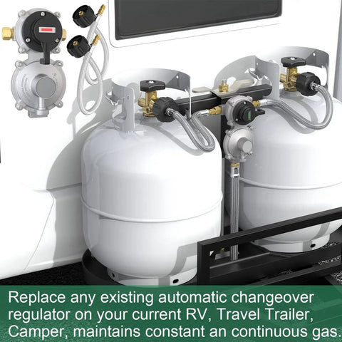2 Stage Automatic Changeover Dual Tank Propane Gas Regulator For RV With Two 18 Inch RV Pigtail Hoses installed on RV tanks