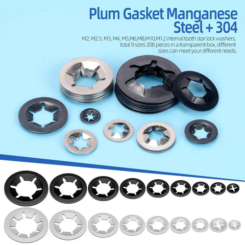 Glarks 209-piece internal-tooth star lock washer set, front view, 9 sizes, 65Mn steel & 304 stainless, black & silver