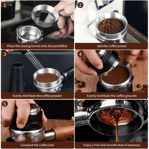 Heavy Duty 51mm Espresso Accessories Kit With Dual Head Coffee Distributor And Tamper WDT Tool And Magnetic Dosing Funnel in use