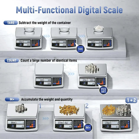 Multi-functional digital scale with display showing weight, tare, count, and accumulate functions for inventory counting of small parts.
