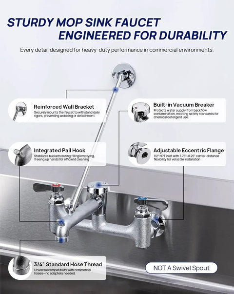 Heavy Duty Wall Mount Mop Sink Faucet With Vacuum Breaker Eight Inch Center Three Quarter Inch Hose Thread Industrial Outdoor Laundry Spigot Hot And Cold Brass Casted Chrome Plated Commercial Grade Tough As Nails with reinforced wall bracket and vacuum breaker, non-swivel spout.