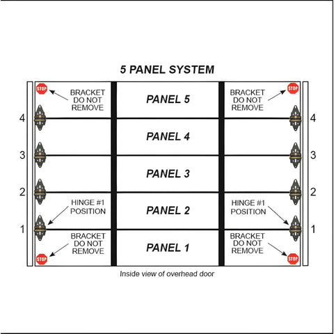 Diagram of 5 panel overhead door system showing hinge and bracket placements for Weather Sealing Garage Door Hinge Set For 4 To 7 Panel Doors