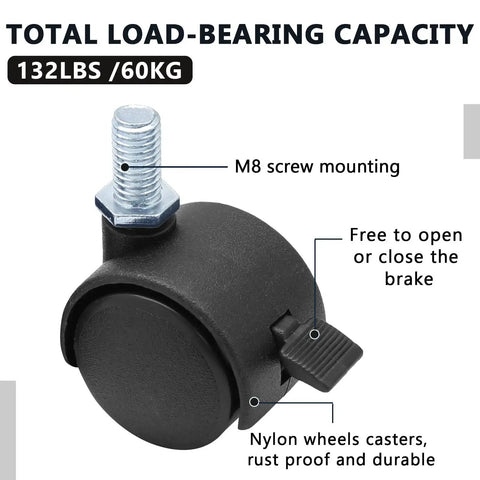 1 Inch Black Nylon Stem Casters Set Of 4, M8 Threaded Replacement Wheels, 360 Degree Swivel With 30mm Diameter, labeled parts