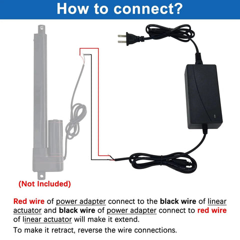 Diagram showing how to connect a Versatile 12V 5A AC DC Power Adapter For 12V Linear Actuators And Motors With 100 240V AC Input.